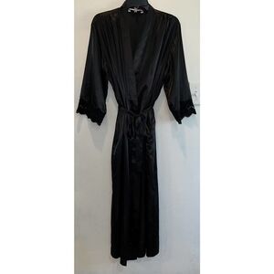 Belle Nuit Intimates, Long Black Robe, Lace Sleeves, Belt Ties At Waist, Size M